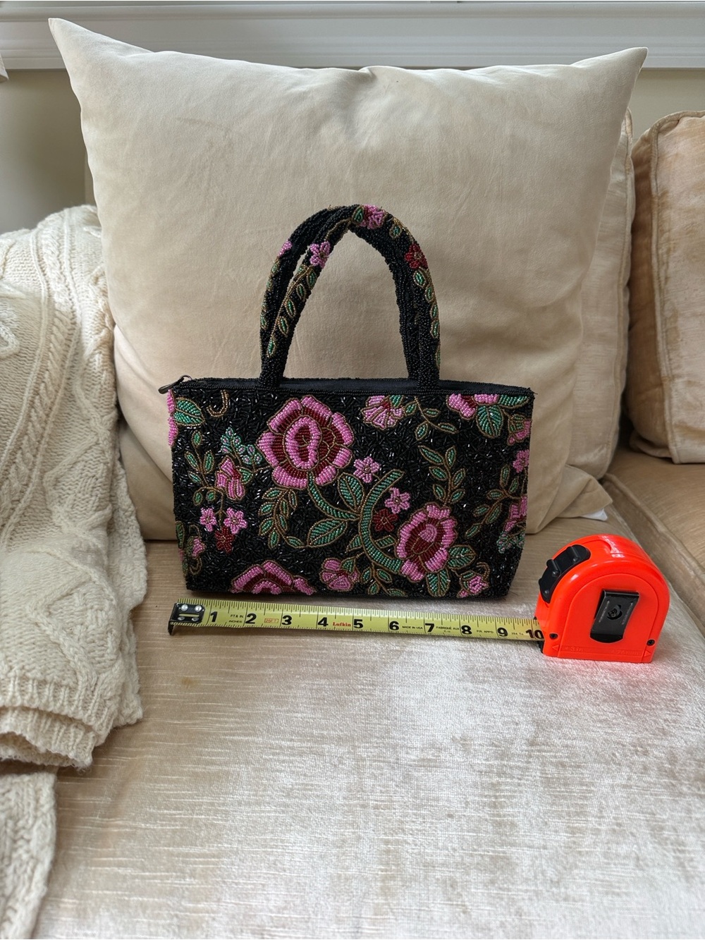 Black Beaded Mini Bag with Pink Floral Embroidery